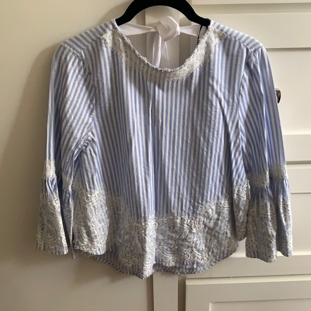 Zara blue and white striped blouse w/ lace overlay